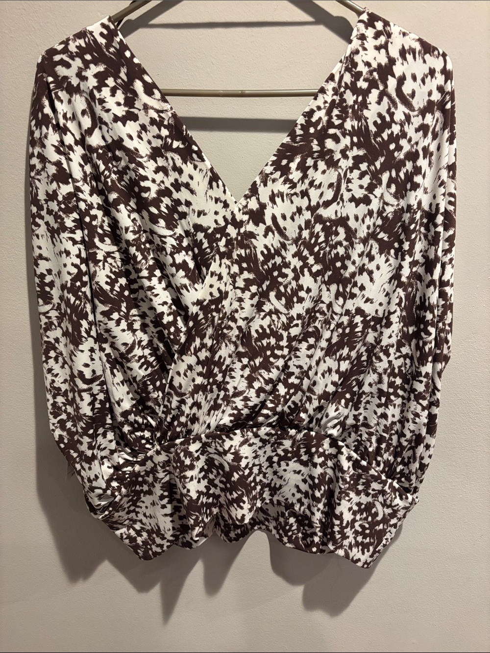 INC International Concepts Brown and White Printed Wrap-Front Blouse